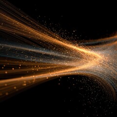 Abstract, flowing lines of orange and gray light, with glittering particles