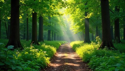 Fototapeta premium Sun-dappled forest path winding through lush green canopy, sunlight filtering through leaves, peaceful woodland scene , ecosystem, country, summer
