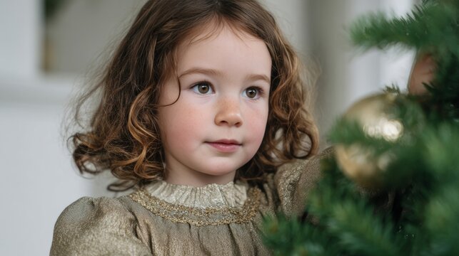 A young Caucasian girl in golden attire adorns a festive pine, evoking Yule traditions and solstice wonder