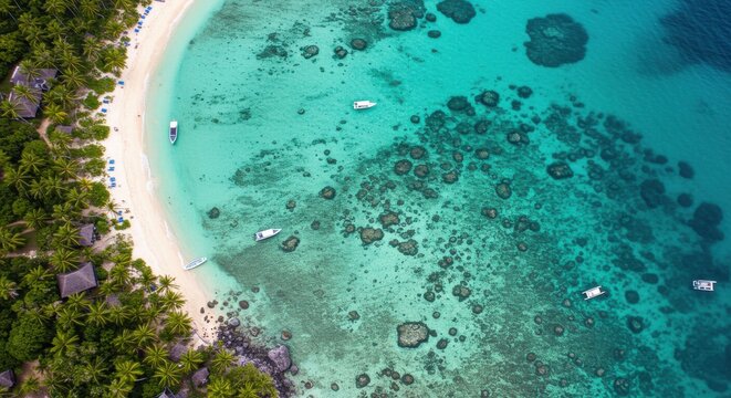 Tranquil turquoise waters lap a pristine white-sand beach, dotted with tropical vegetation and small boats, offering a tranquil paradise view from above. - Powered by Adobe