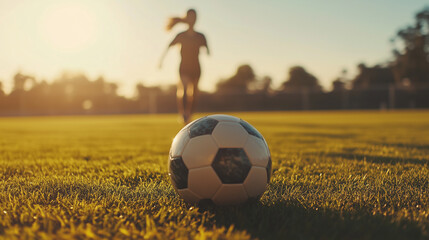 Soccer Ball on Field with Athlete Running at Sunset Generative AI