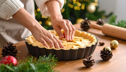 Hands shaping Christmas pie
