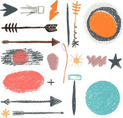 Abstract arrows, circles with rustic textures perfect for digital designs. Ideal for backgrounds, posters, presentations, and web graphics.