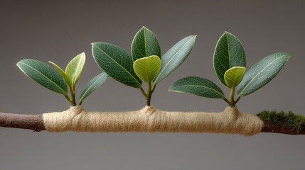 Young plant seedlings growing on natural branch wrapped with jute rope, showcasing sustainable gardening and eco-friendly cultivation