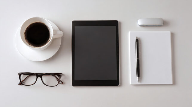 Coffee cup next to a tablet notepad and pen on a clean desk with glasses above them creating an organized workspace aesthetic ideal for studying or working from home. - Powered by Adobe