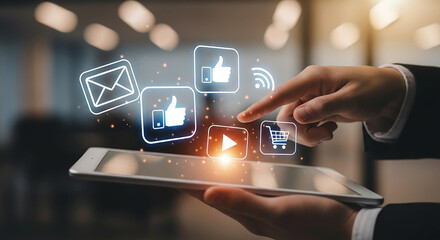 Digital Engagement Seamless Social Media Icons on Tablet E Commerce and Online Marketing Strategy Business Networking
