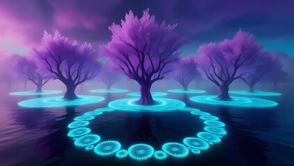 A mystical amethyst forest glowing in violet and purple light, crystal trees with amethyst branches, luminous mist rising between the trees, magical atmosphere, enchanted fantasy world, ultra