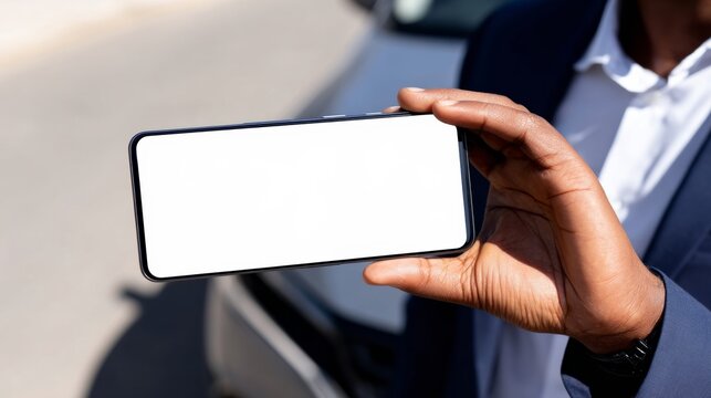 African American male holding blank smartphone, emblem of connectivity and tech innovation, perfect for World Telecommunication Day