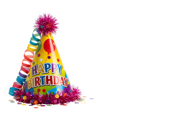 Colorful Party Hat with Confetti and Ribbons Festive Birthday Celebration Decoration isolated on transparent background