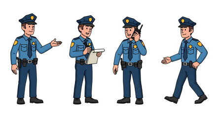 Set of a cartoon police officer character in uniform on duty in various poses like writing a report and talking on the radio.
