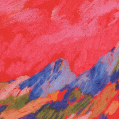 Mountains. Colourful hand painted landscape. Colored pencils on paper. Versatile artistic image for creative design projects: posters, banners, websites, cards, prints, wallpapers. Artist-made art.