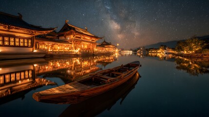 Starry Night Over a Pagoda and Calm Lake Reflection