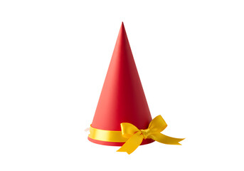 Red Party Cone Hat with Yellow Ribbon Festive Celebration Accessory Holiday Decoration Birthday Party Supply isolated on transparent background