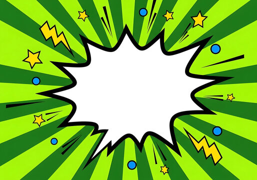 A vibrant comic book style background with radial lines, stars, lightning bolts, and circles, featuring a central white speech bubble for text or graphics - Powered by Adobe
