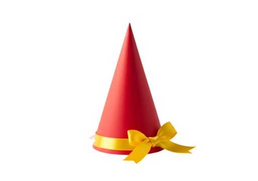 Red Party Cone Hat with Yellow Ribbon Festive Celebration Accessory Holiday Decoration Birthday Party Supply isolated on transparent background
