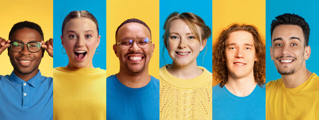 Multicolored collage with portraits of six people expressing diversity and joy. Concept of...