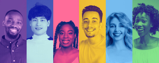 Composition with artistic portraits of diverse people in vibrant duotone backgrounds. Concept of...