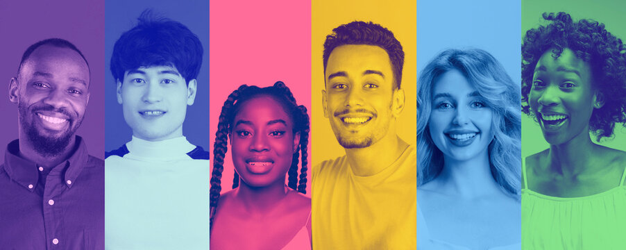 Composition with artistic portraits of diverse people in vibrant duotone backgrounds. Concept of multicultural identity, creative equality, inclusiveness, and positive representation.