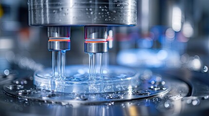 Close-up of industrial machine injecting liquid into clear discs