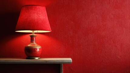 Red lamp on wooden shelf against red wall