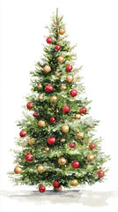Realistic watercolor illustration of a classic christmas tree decorated with red and gold ornaments in soft green tones with hand painted texture and light shadows