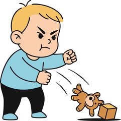 Angry Toddler Punches Teddy Bear, Expressing Frustration with Toy Block