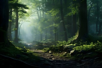 Obraz premium Serene mist-covered forest in early morning, tranquil woodland landscape, ethereal nature scene, high-resolution 8K photography, peaceful natural environment