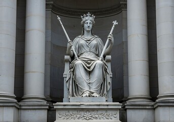 Majestic marble statue of a crowned goddess seated amidst pillars.