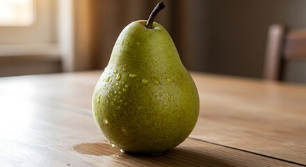 Close Up of a Single Green Pear on a Wooden Table.