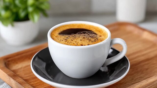 Morning Coffee Delight: A close-up shot of a fresh cup of coffee, with rich crema and tempting aroma, sitting on a wooden tray, capturing the essence of a perfect morning ritual.