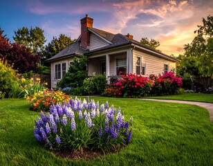 Charming house at sunset with vibrant garden