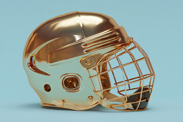 Fototapeta premium Unique golden hockey helmet on a light blue background showcasing intricate design and metallic shine, ideal for sports enthusiasts and collectors