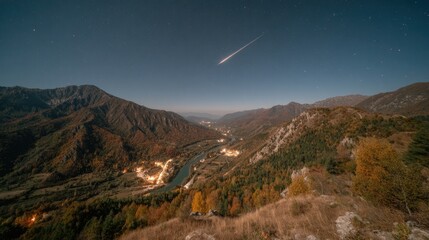 Nightfall vista Mountains, river, meteor