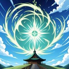 Obraz premium Experience awe as a celestial energy vortex erupts above a serene Japanese temple, inspiring wonder and spiritual connection