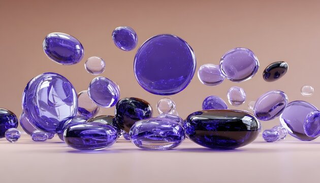 Floating, translucent orbs in shades of purple and clear