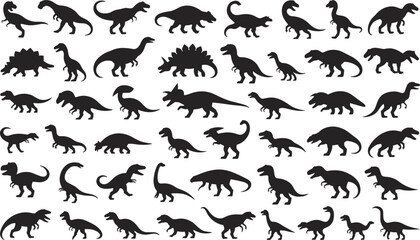 Dinosaur silhouettes, various species, T-Rex, Stegosaurus, Triceratops, Velociraptor, prehistoric reptiles, black shapes, different poses, ancient creatures, Jurassic era