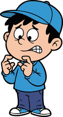 Cartoon Boy with Blue Cap Biting Lip and Fidgeting Fingers in Apprehension