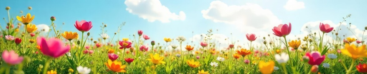 Fototapeta premium Vibrant Spring Wildflower Meadow in Full Bloom Under a Sunny Sky Perfect for Websites, Blogs, and Spring Projects