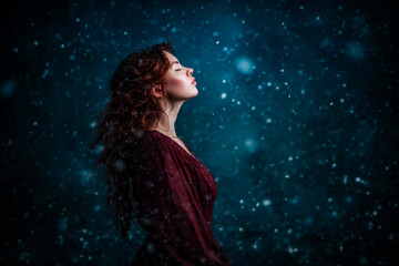 A fantasy woman shaped by glacial elegance and fluid motion exudes otherworldly charm and commanding presence.