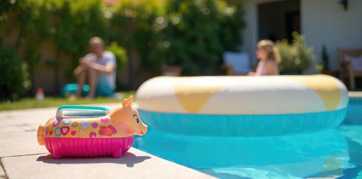 Vibrant summer scene featuring a colorful inflatable pool pump next to a refreshing blue inflatable pool, ready for a hot day's fun , heat, pool party, swim