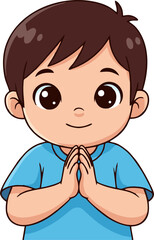 Cartoon Boy with Brown Hair and Blue Shirt in a Praying Gesture