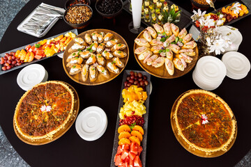 banquet table with snacks, break, meeting, conference 