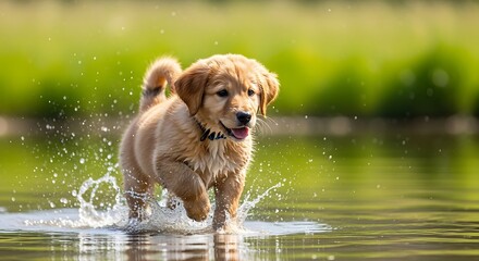 Adorable Golden Retriever Puppy Playing in Water.
