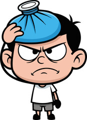Cartoon Boy with Ice Pack on Head, Angry Expression