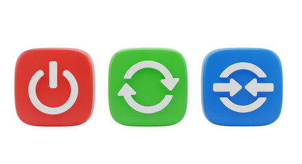 Isolated icons of buttons for software reset, on off power and data synchronization, render