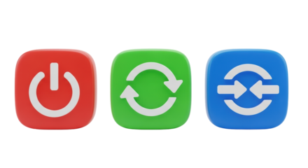 Isolated icons of buttons for software reset, on off power and data synchronization, render