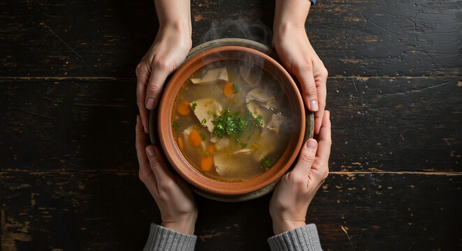 Hands holding a rustic bowl of hot steaming soup, a comforting image for food blogs and content about winter wellness.
