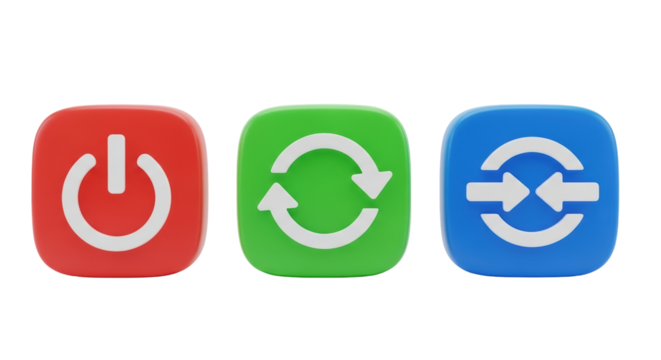 Isolated icons of buttons for software reset, on off power and data synchronization, render