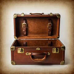 Luxury vintage brown leather suitcase with brass accents, antique travel trunk, retro handmade luggage case isolated on white background
