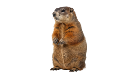 Isolated Groundhog Marmot standing up on hind legs, side view on a plain background, animal